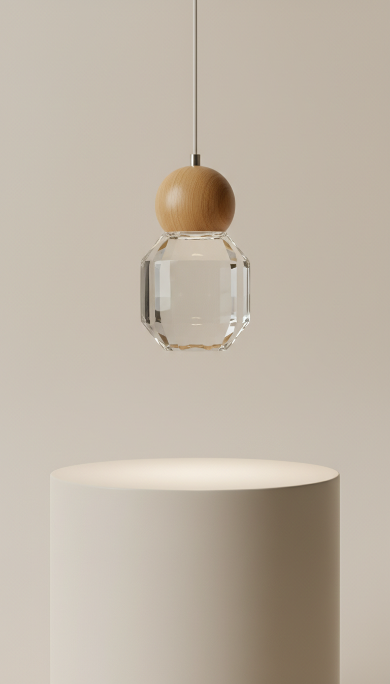 Minimalist Pendant Lamp with Crystal Shade and Oak Accent