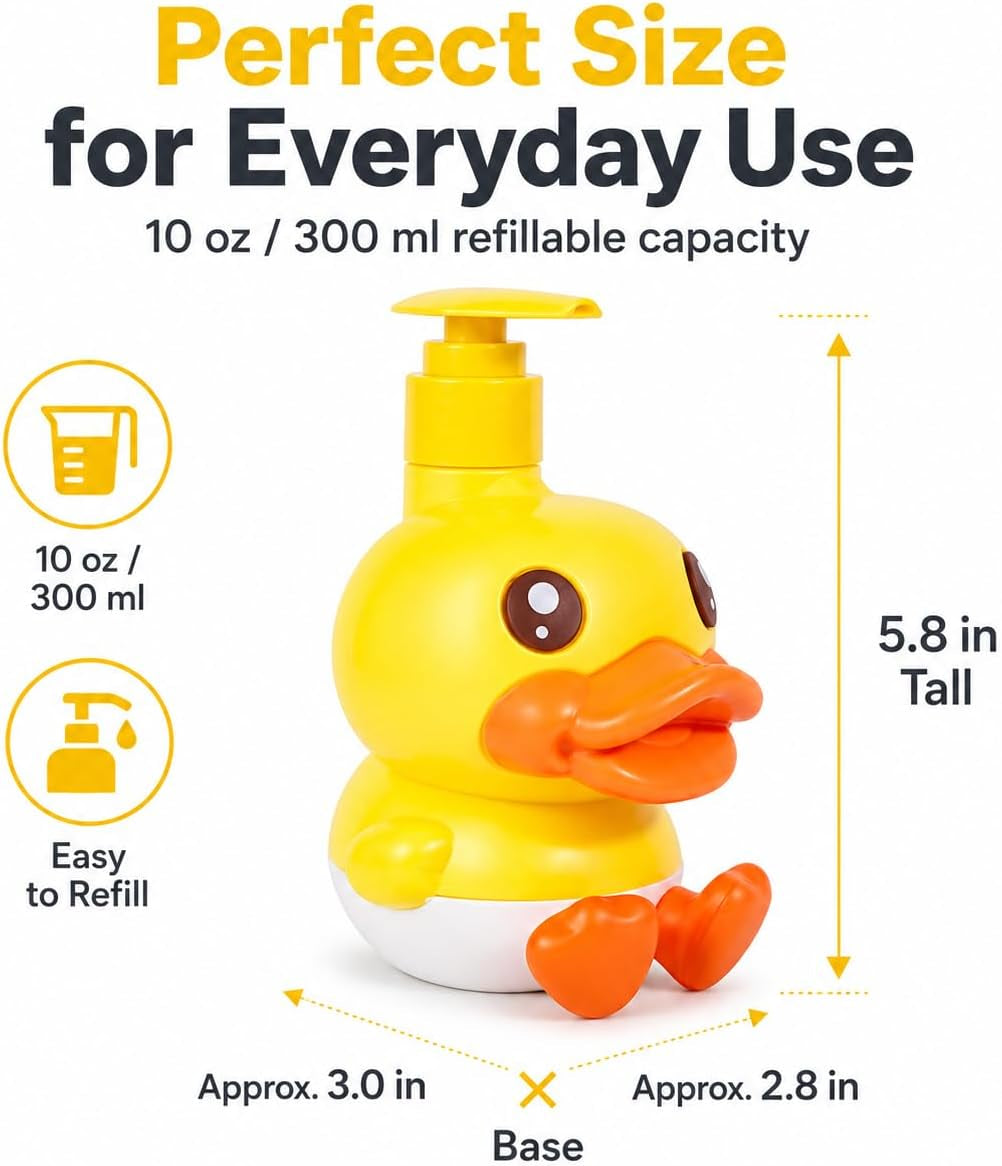 Cute Soap Dispenser for Kids Gift,Fun Dispenser for Bathroom Kitchen Countertop Vanity Fit Lotion Shampoo Shower Hand Sanitizer,Animal Yellow Duck Themed Soap Bottle with Pump Bath Accessories