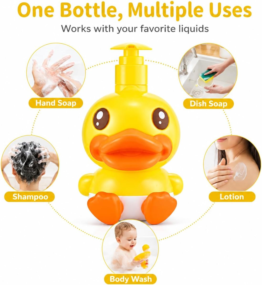 Cute Soap Dispenser for Kids Gift,Fun Dispenser for Bathroom Kitchen Countertop Vanity Fit Lotion Shampoo Shower Hand Sanitizer,Animal Yellow Duck Themed Soap Bottle with Pump Bath Accessories