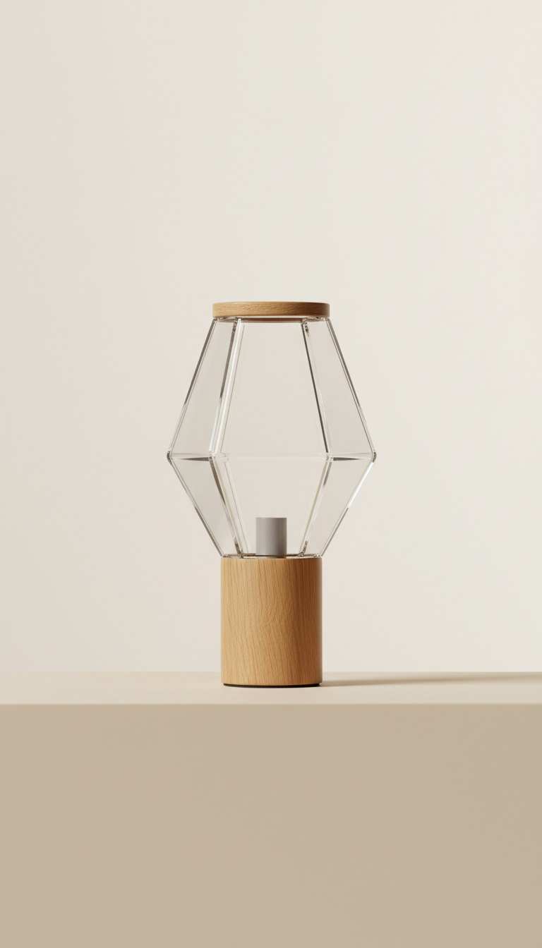 Faceted Glass Table Lamp with Solid Oak Detail