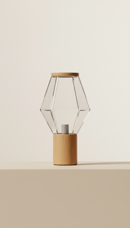 Faceted Glass Table Lamp with Solid Oak Detail