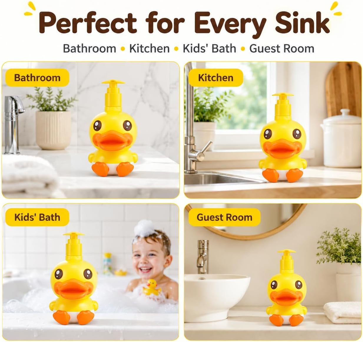 Cute Soap Dispenser for Kids Gift,Fun Dispenser for Bathroom Kitchen Countertop Vanity Fit Lotion Shampoo Shower Hand Sanitizer,Animal Yellow Duck Themed Soap Bottle with Pump Bath Accessories