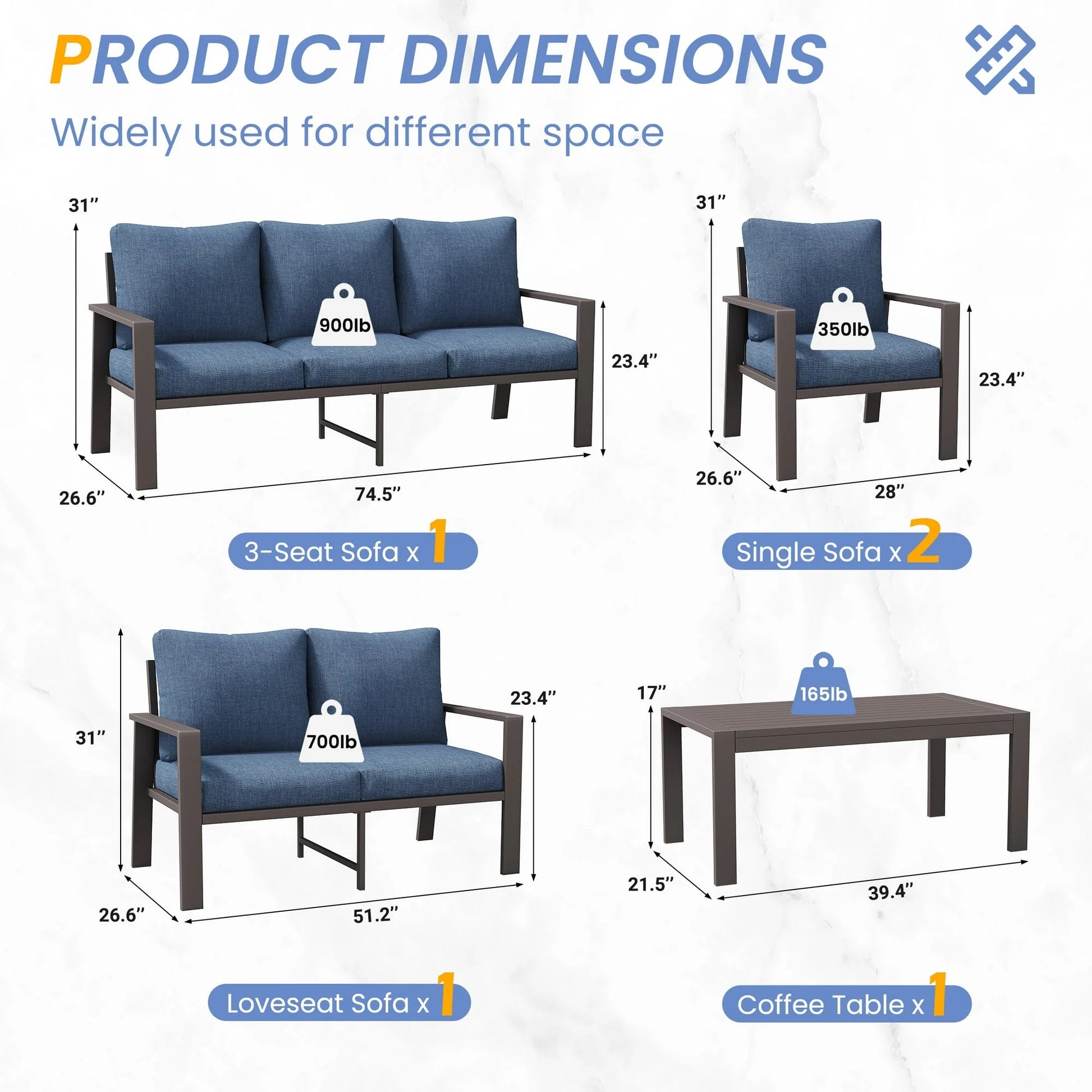 Aluminum Patio Furniture Set, Contemporary Outdoor Couch Set, Aluminum Patio Conversation Set, Gray