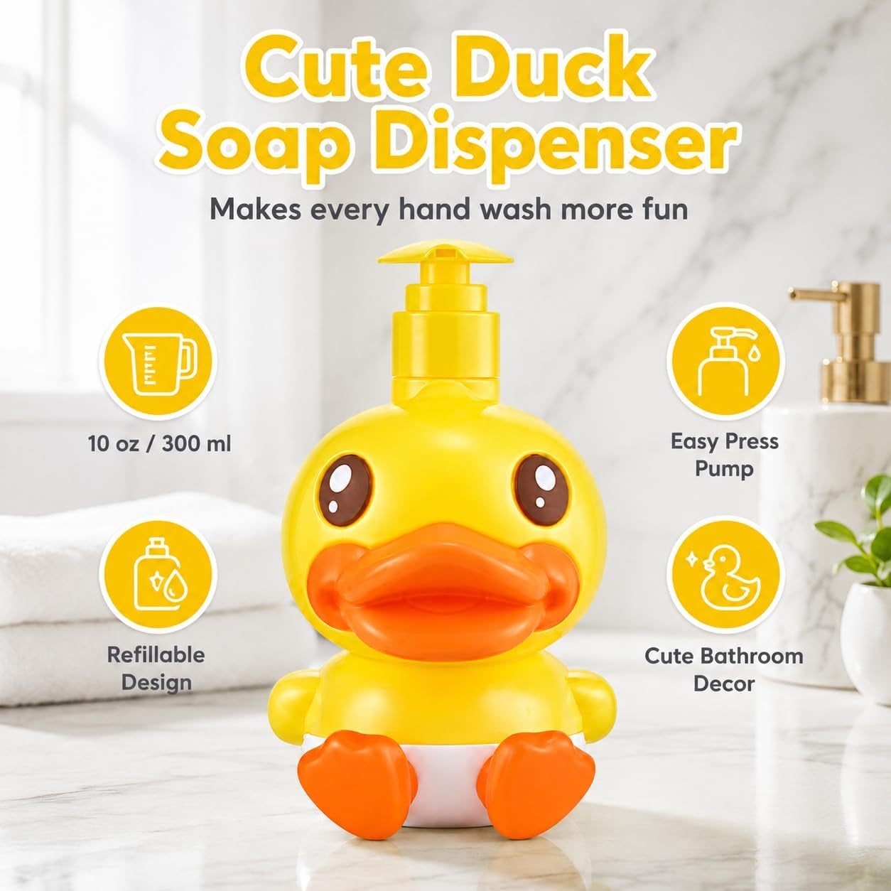 Cute Soap Dispenser for Kids Gift,Fun Dispenser for Bathroom Kitchen Countertop Vanity Fit Lotion Shampoo Shower Hand Sanitizer,Animal Yellow Duck Themed Soap Bottle with Pump Bath Accessories