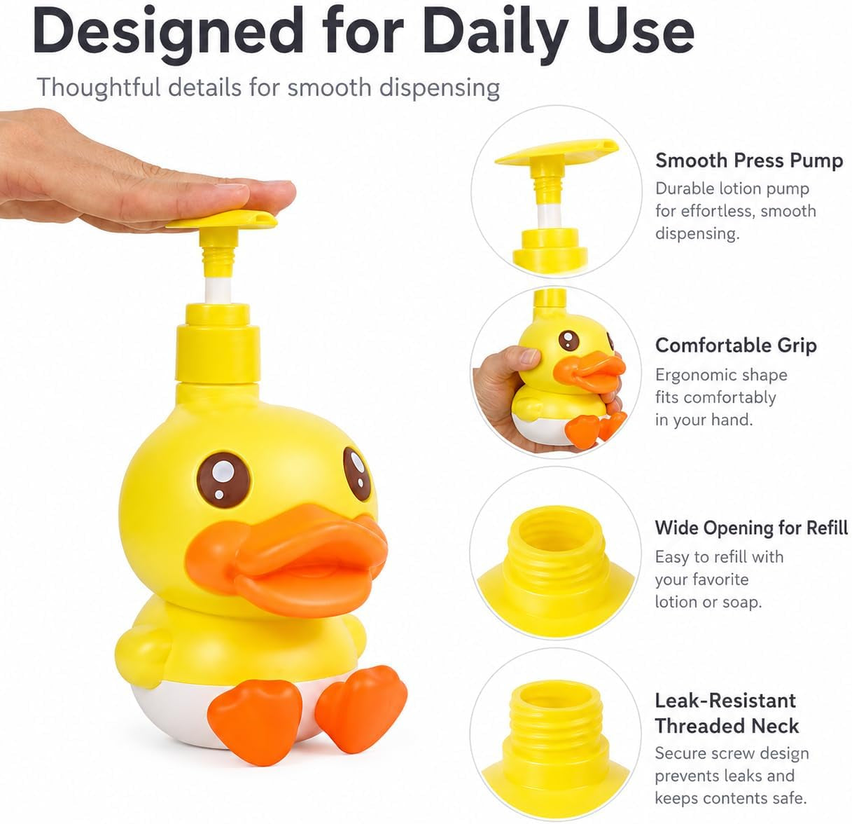 Cute Soap Dispenser for Kids Gift,Fun Dispenser for Bathroom Kitchen Countertop Vanity Fit Lotion Shampoo Shower Hand Sanitizer,Animal Yellow Duck Themed Soap Bottle with Pump Bath Accessories